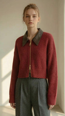 İnda Yakası Deri Detaylı Kırmızı Hırka