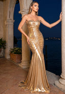 Azra Gold Drape Detaylı Straplez Balık Abiye