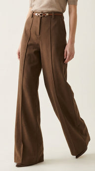 Oza Kahverengi Yünlü Yüksek Bel Dökümlü Kışlık Kumaş  Pantolon