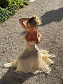 MİMOZA Sarı Çiçek Aplikeli Şifon Midi Elbise