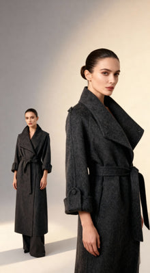 Milan Şal Yaka, Kuşaklı   Siyah Yünlü Palto