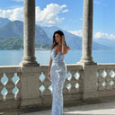 Serena Büyük Pul Payet İşlemeli Halter Yaka Sırt Dekolteli Maxi Gece Elbisesi - Bebek Mavisi