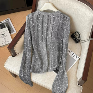 Golda Pullu Gri İnce Bluz