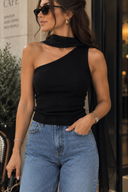 Tessa Tek Omuz Şifon Şal Detaylı Fitilli Triko Bluz - Siyah