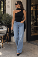 Tessa Tek Omuz Şifon Şal Detaylı Fitilli Triko Bluz - Siyah