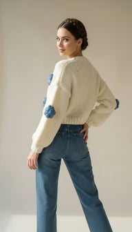 Ozo Mavi Çiçek İşlemeli Hırka