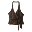 Suna Payet İşlemeli Kruvaze Halter Bluz & Bol Paça Pantolon Set - Kahverengi