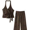 Suna Payet İşlemeli Kruvaze Halter Bluz & Bol Paça Pantolon Set - Kahverengi