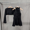 Vesta Metal Düğmeli Pileli Mini Elbise & Bolero Ceket Takım - Siyah