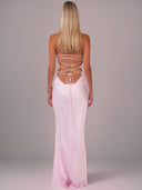 Alara Pullu Maxi Saten Pembe Elbise