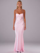 Alara Pullu Maxi Saten Pembe Elbise