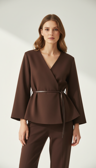 Kona Yünlü Kahverengi Kemerli Hırka / Bluz