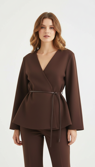 Kona Yünlü Kahverengi Kemerli Hırka / Bluz