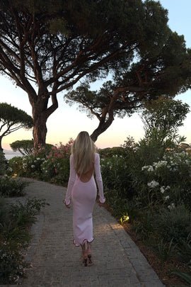 Minda Sırtı Açık Midi Pembe Triko Elbise