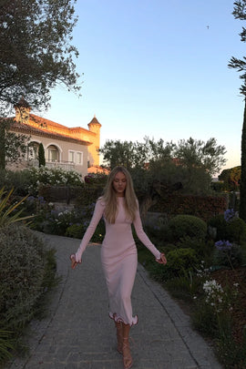 Minda Sırtı Açık Midi Pembe Triko Elbise