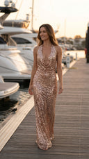 Seza Payetli Gold Maxi Elbise ( Astarsız )
