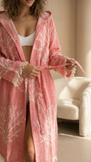 Kapşonlu Müslin-Keten  Kırmızı  Desenli Plaj Kimonosu