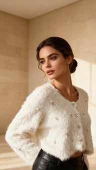 Serba İnci ve Taş Detaylı Peluş Hırka