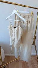 Selva Keten Bluz Pantolon Set - Krem