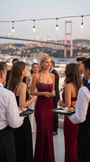 Alara Pullu Maxi Saten Vişne Rengi Elbise