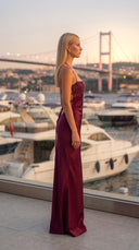Alara Pullu Maxi Saten Vişne Rengi Elbise
