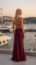 Alara Pullu Maxi Saten Vişne Rengi Elbise