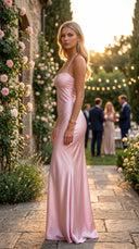 Alara Pullu Maxi Saten Pembe Elbise