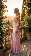 Alara Pullu Maxi Saten Pembe Elbise