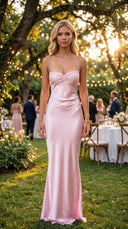 Alara Pullu Maxi Saten Pembe Elbise
