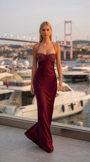 Alara Pullu Maxi Saten Vişne Rengi Elbise