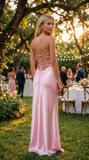 Alara Pullu Maxi Saten Pembe Elbise