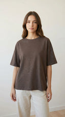 Podo Basic Oversize Simli Kahverengi Tshirt