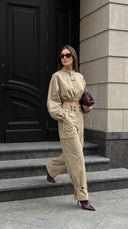Kenza Çift Kemerli Paçadan Bağlamalı Geniş Paça Pantolon - Camel