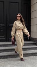 Kenza Çift Kemerli Paçadan Bağlamalı Geniş Paça Pantolon - Camel