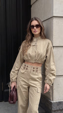 Kenza Çift Kemerli Paçadan Bağlamalı Geniş Paça Pantolon - Camel