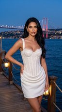 Bianca Beyaz Dantel Korseli Drape Etekli Mini Elbise