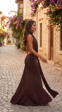 Moka Kahverengi Halter Yaka Sırt Dekolteli Drape Balık Maxi Elbise
