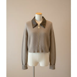 İnda Yakası Deri Detaylı Bej Hırka